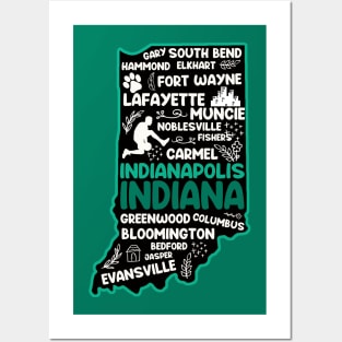 Indianapolis Indiana cute map, Fort Wayne, Evansville, Carmel, South Bend, Fishers, Bloomington, Hammond, Gary, Lafayette Posters and Art